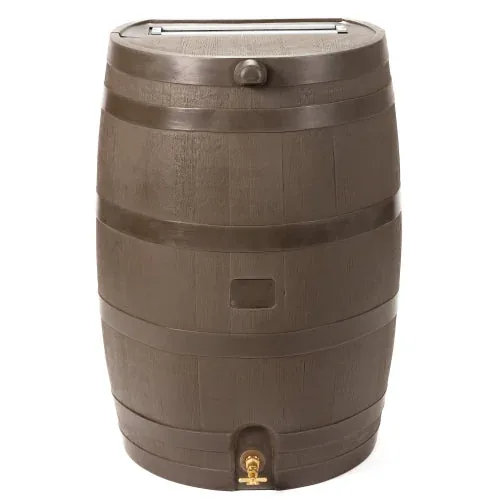 RTS 50-gallon flat-back rain barrel, walnut, product view 1