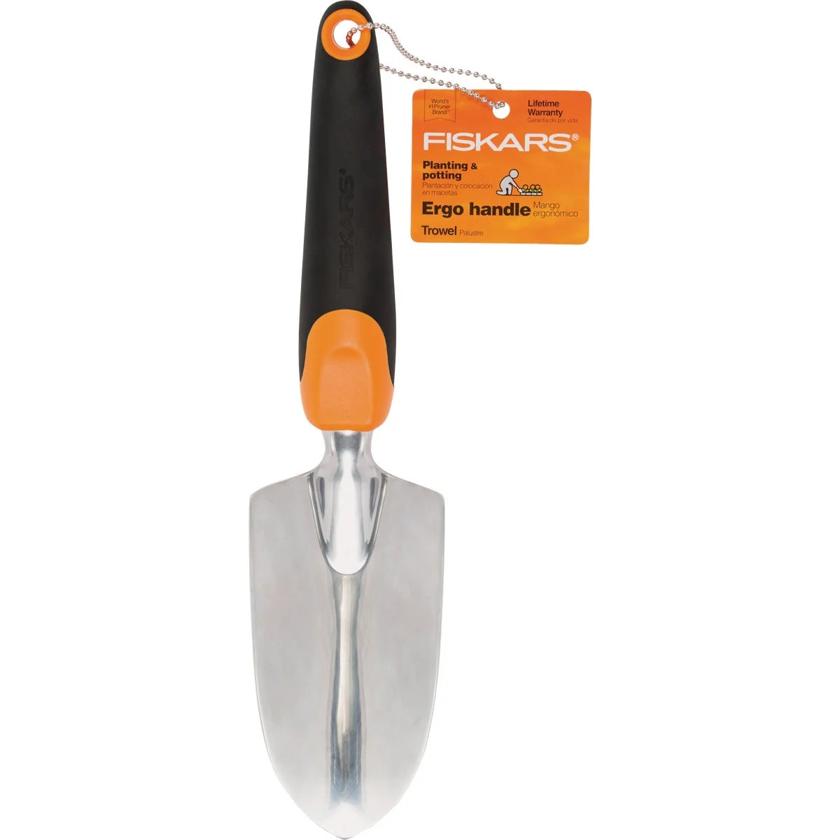 Fiskars Ergo 300S trowel shown with its orange product tag