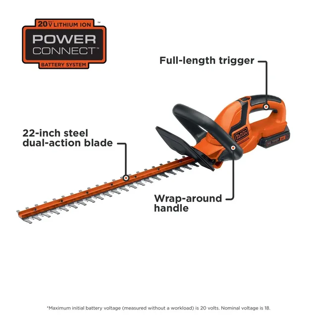 An overview of the BLACK+DECKER 20V MAX* 22-in. Cordless Hedge Trimmer.