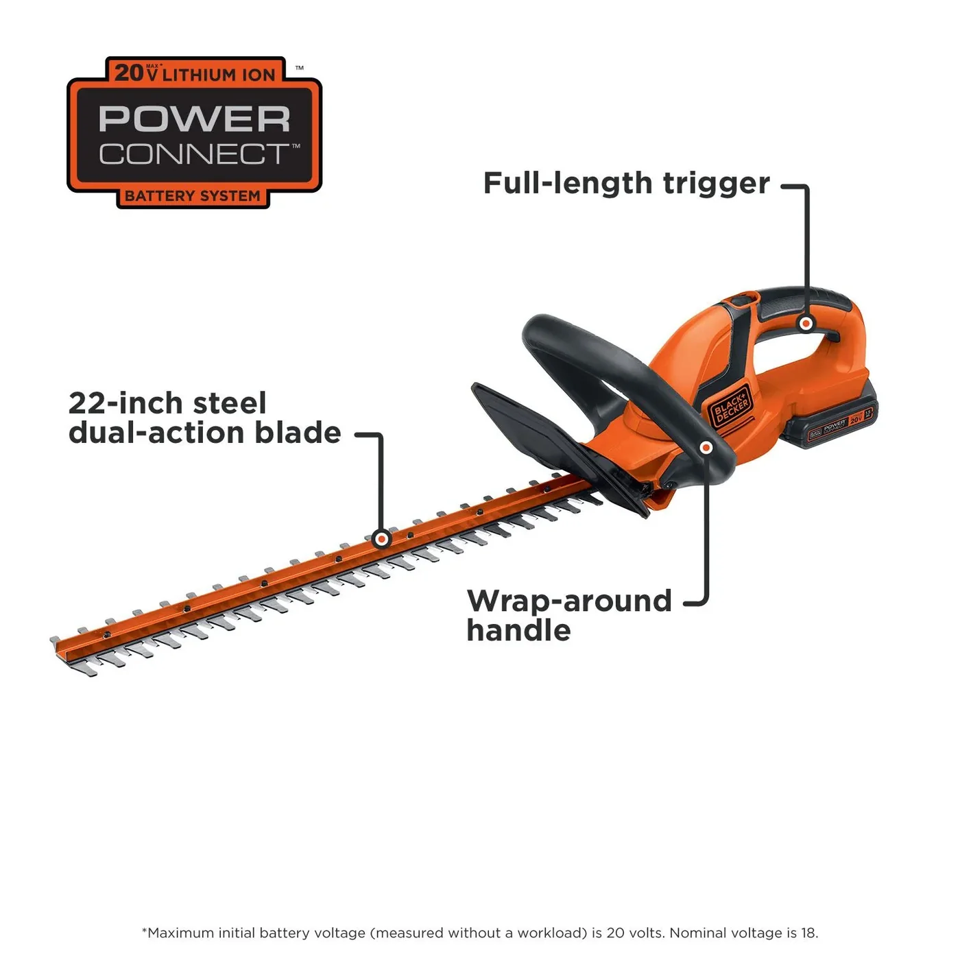 An overview of the BLACK+DECKER 20V MAX* 22-in. Cordless Hedge Trimmer.
