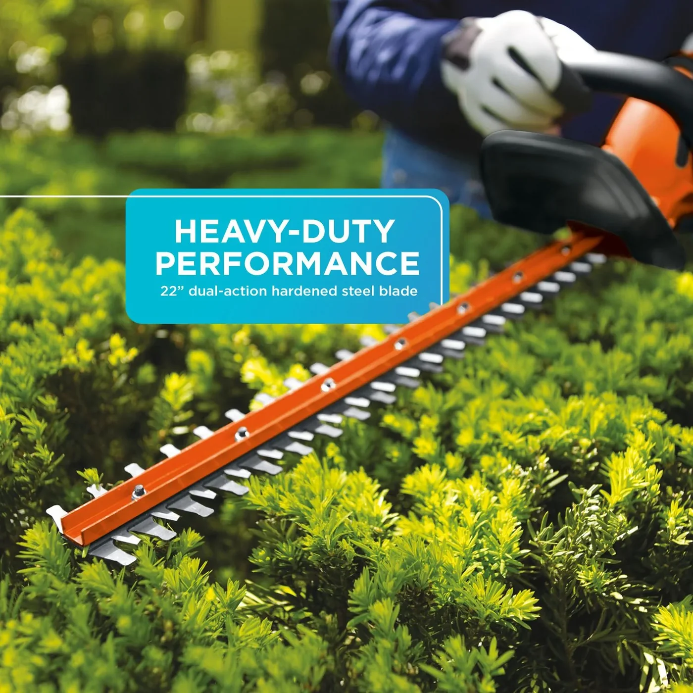 A closeup of the BLACK+DECKER 20V MAX* 22-in. Cordless Hedge Trimmer. Heavy-duty performance. 22-in. dual-action hardened steel blade.