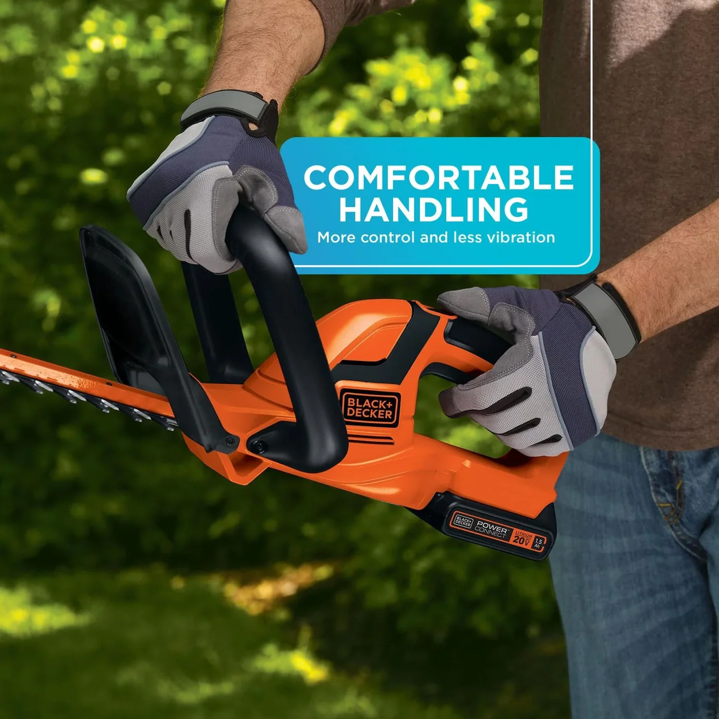 Man trims hedge with the BLACK+DECKER 20V MAX* 22-in. Cordless Hedge Trimmer. Comfortable handling. More control and lesss vibration.