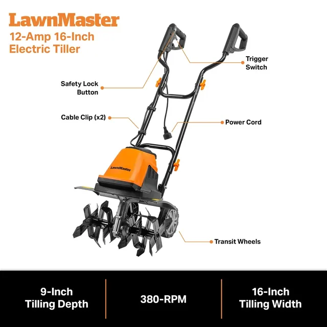 LawnMaster 12-Amp 16-Inch Electric Tiller with labeled components and specs: 9-inch tilling depth, 380-RPM, 16-inch width.