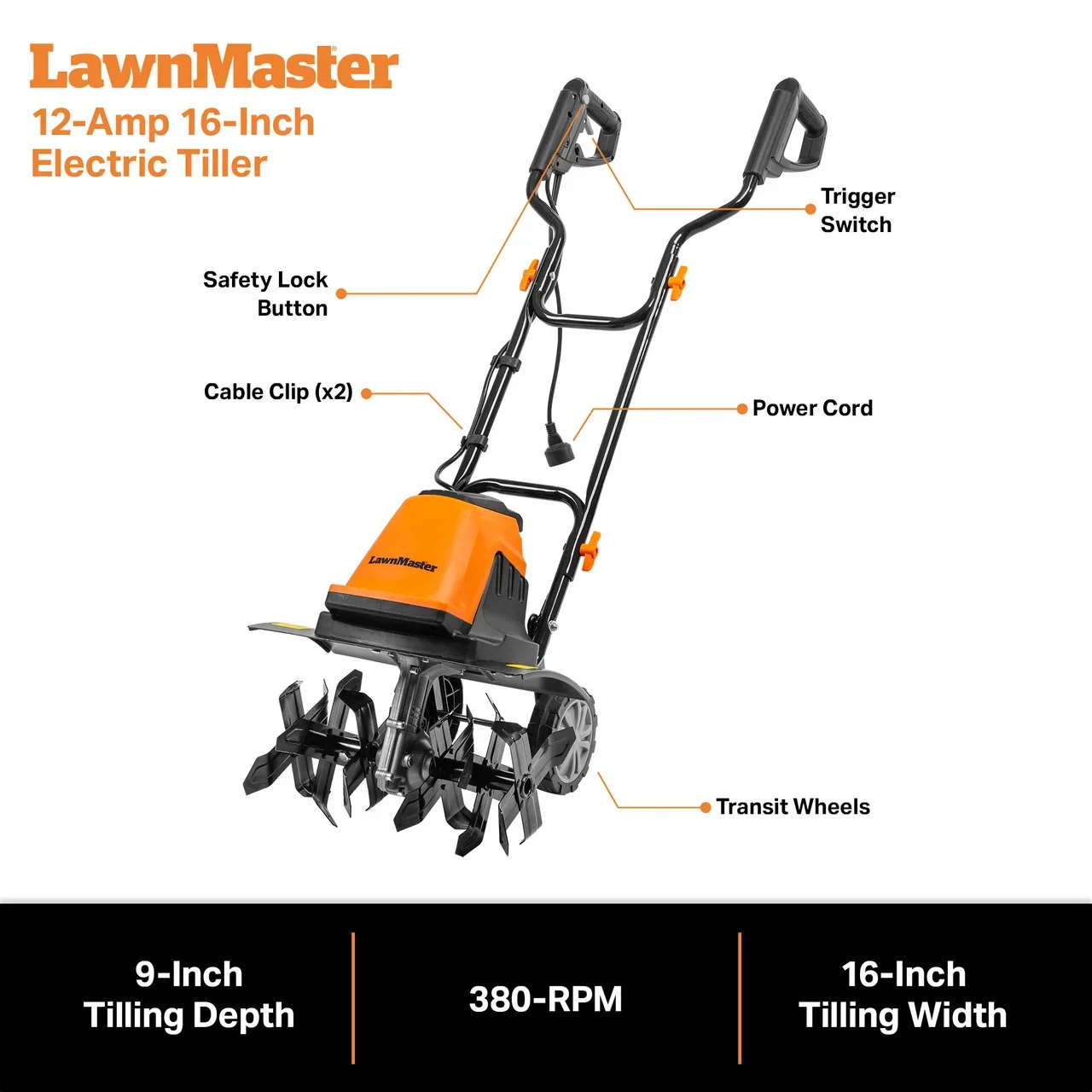 LawnMaster 12-Amp 16-Inch Electric Tiller with labeled components and specs: 9-inch tilling depth, 380-RPM, 16-inch width.