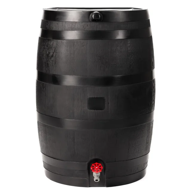 RTS 50-gallon ECO flat-back rain barrel, black, an example of rain barrels & accessories