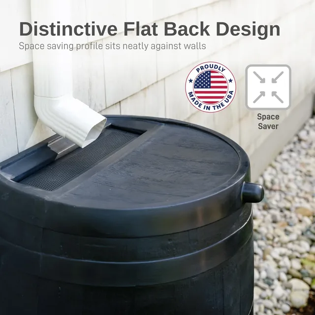 RTS 50-gallon ECO flat-back rain barrel, black, detail or garden-use view 2