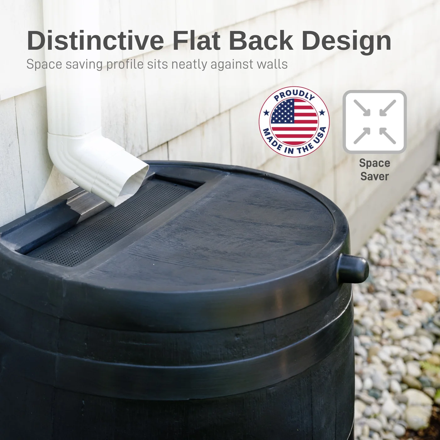 RTS 50-gallon ECO flat-back rain barrel, black, detail or garden-use view 2