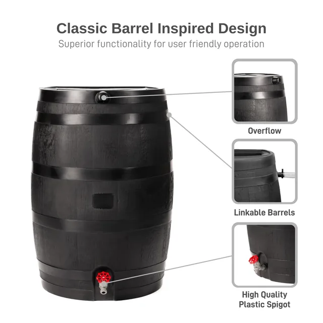 RTS 50-gallon ECO flat-back rain barrel, black, detail or garden-use view 4