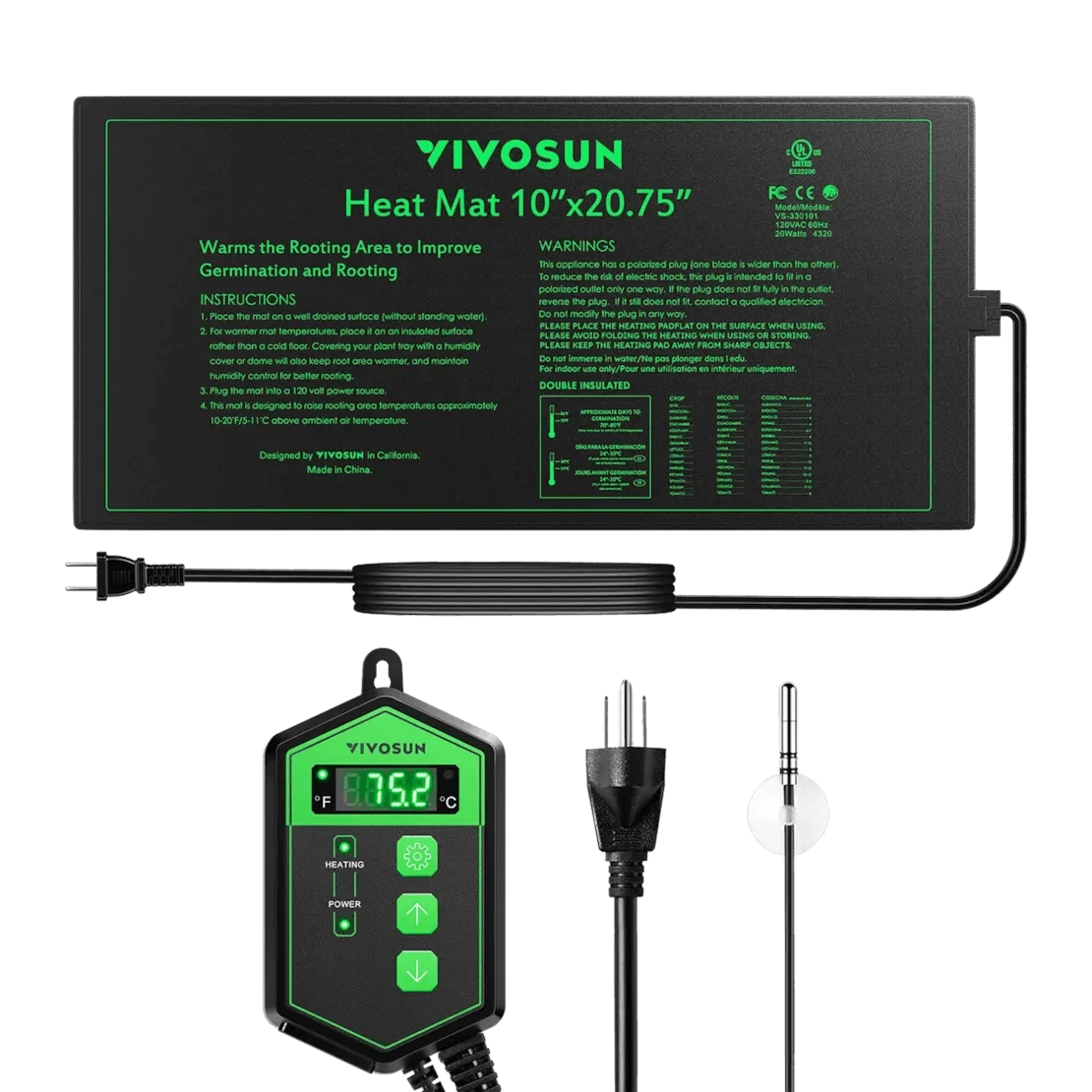 VIVOSUN 10 × 20.75-inch heat mat and digital thermostat set, product view 1