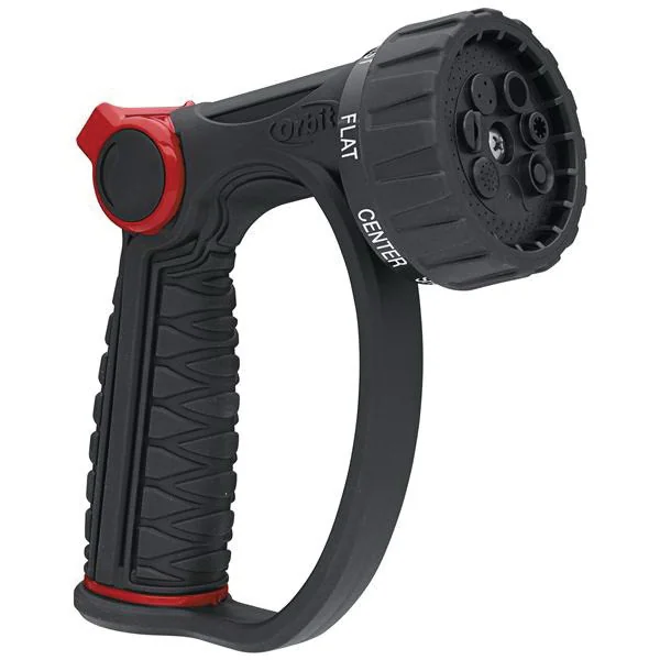 Orbit 58993 black and red seven-pattern thumb-control nozzle, product-only view