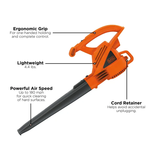 An overview of the BLACK+DECKER 7-Amp Electric Leaf Blower.