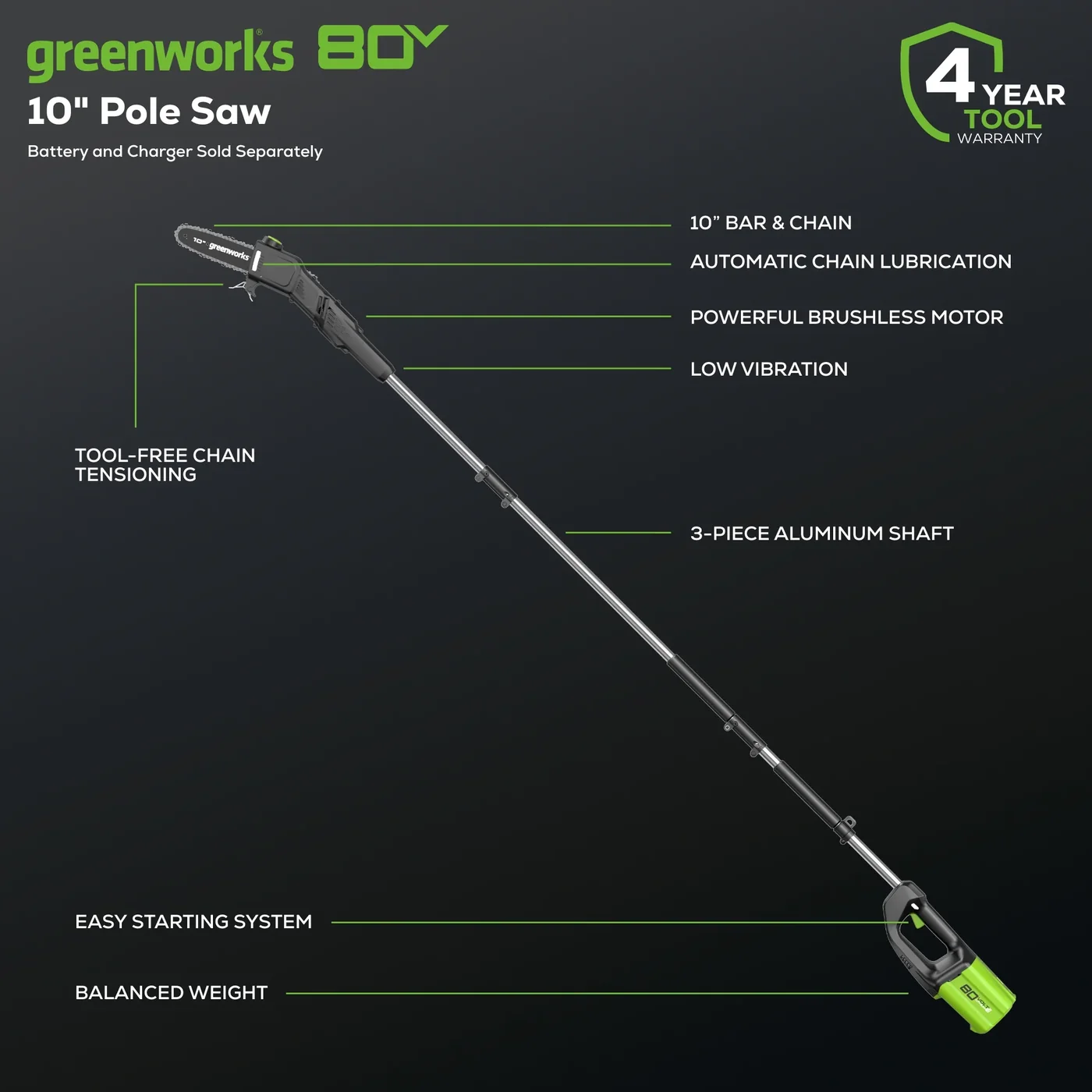 Greenworks PS80L00 pole saw, manufacturer gallery view 3