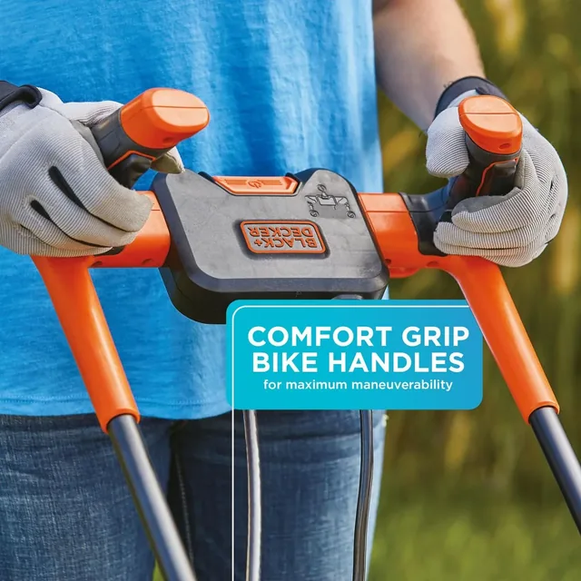 The BLACK+DECKER 15-in., 10-Amp Corded Electric Lawn Mower With Bike Handle. Features comfort grip bike handles for maximum maneuverability.
