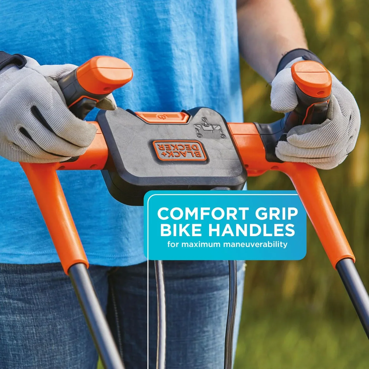 The BLACK+DECKER 15-in., 10-Amp Corded Electric Lawn Mower With Bike Handle. Features comfort grip bike handles for maximum maneuverability.