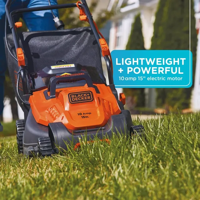 The BLACK+DECKER 15-in., 10-Amp Corded Electric Lawn Mower With Bike Handle is lightweight and powerful with a 10 Amp electric motor.