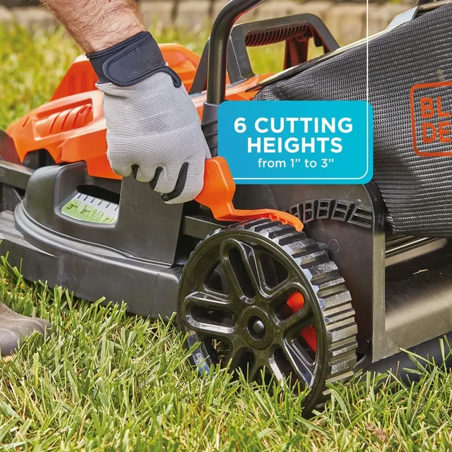 The BLACK+DECKER 15-in., 10-Amp Corded Electric Lawn Mower With Bike Handle. Features 6 cutting heights from 1-in. to 3-in.