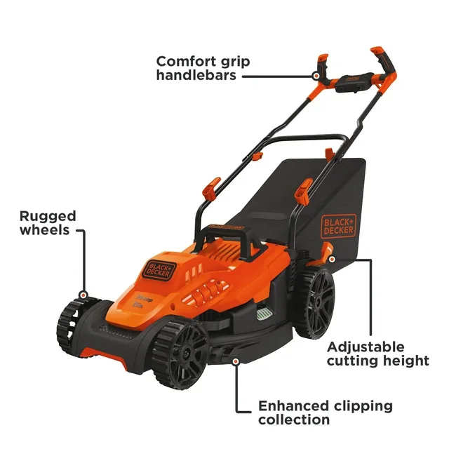 Overview of the BLACK+DECKER 15-in., 10-Amp Corded Electric Lawn Mower With Bike Handle.