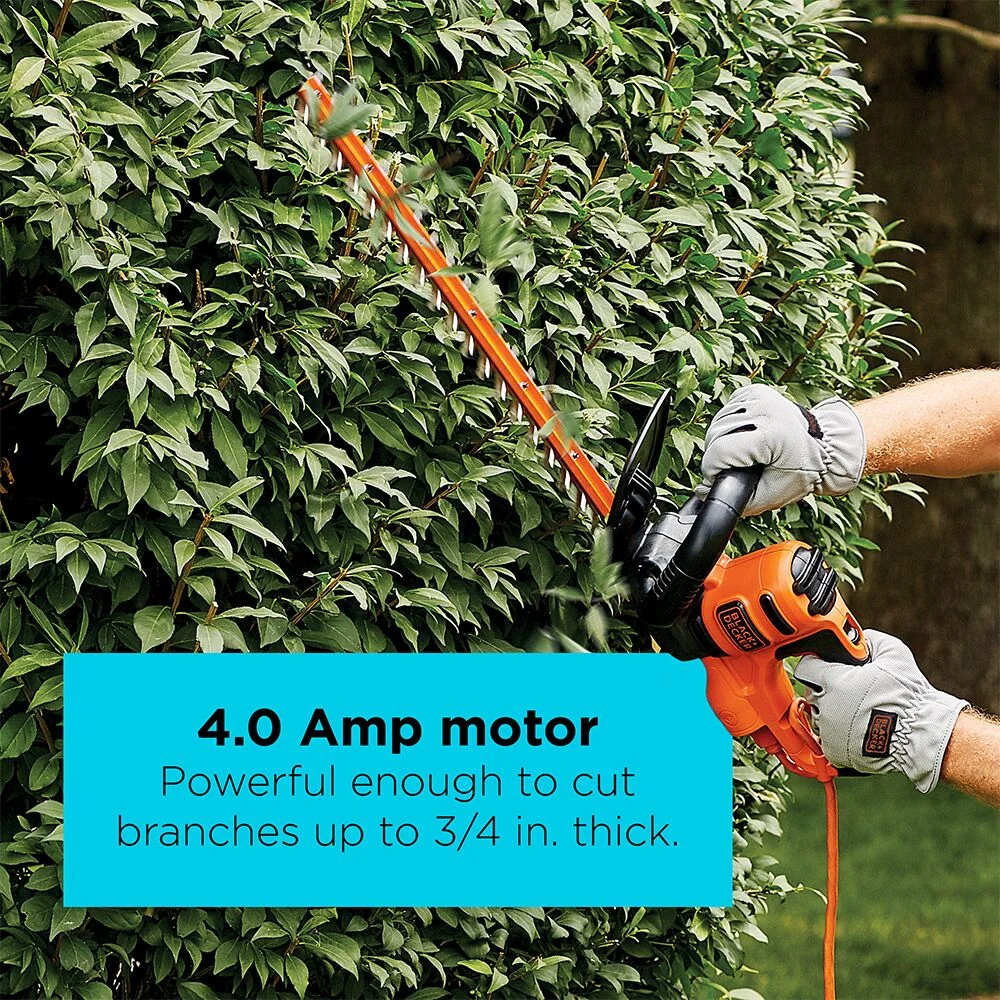 A person trims hedges with the BLACK+DECKER 22-in. Hedge Trimmer. 4.0 Amp motor powerful enough to cut branches up to 3/4-in. thick.