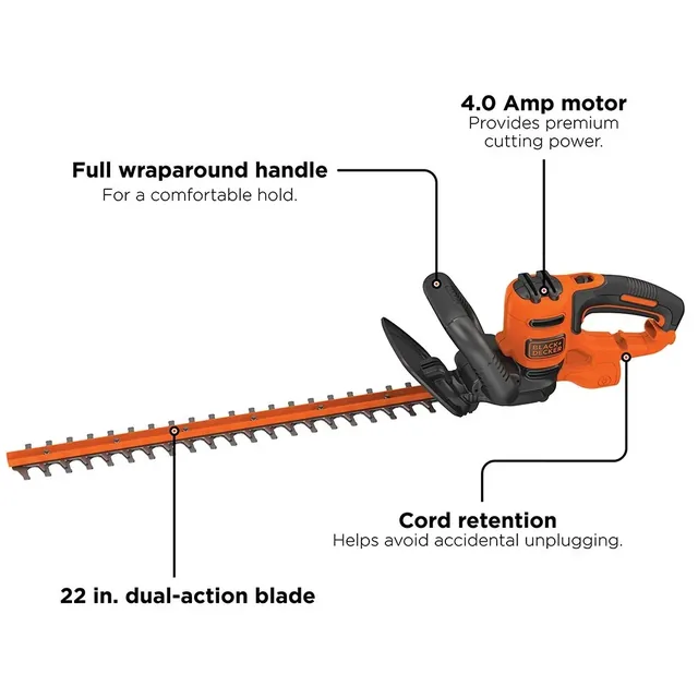 An overview of the BLACK+DECKER 22-in. Hedge Trimmer.