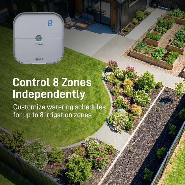 Orbit B-hyve 57925 eight-zone indoor controller, detail or garden-use view 3