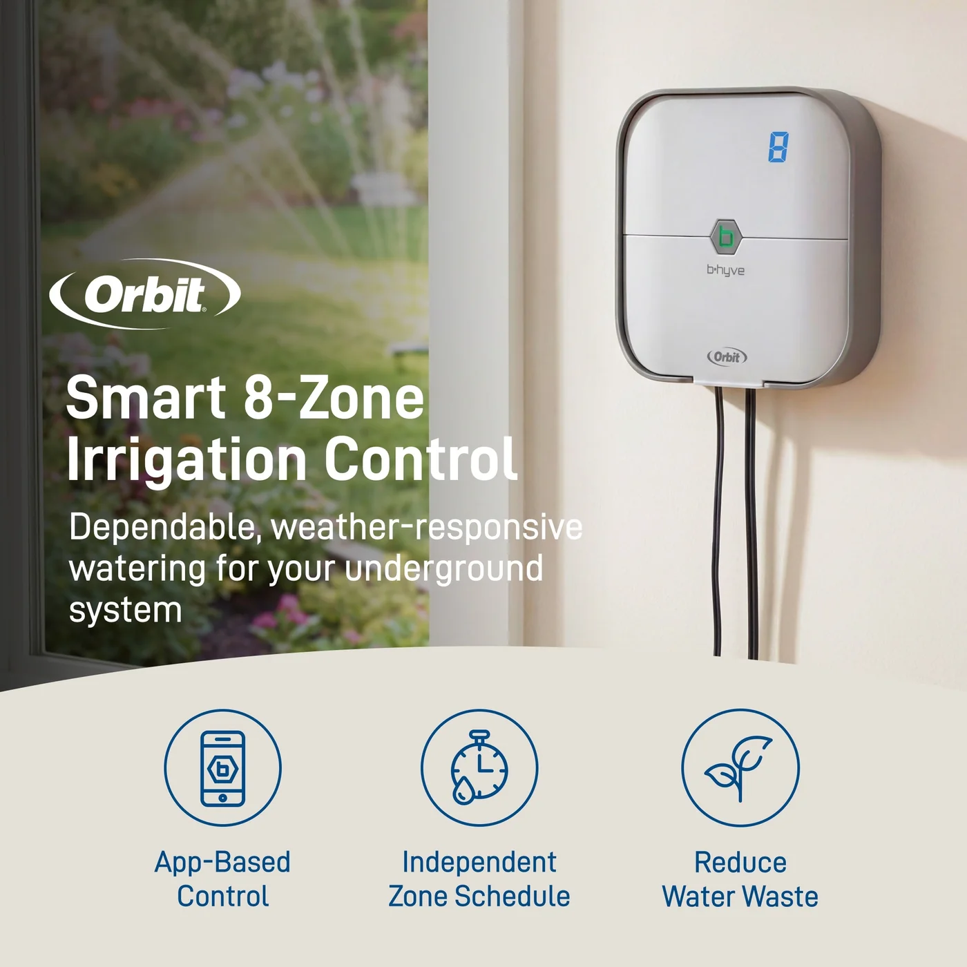Orbit B-hyve 57925 eight-zone indoor controller, detail or garden-use view 2