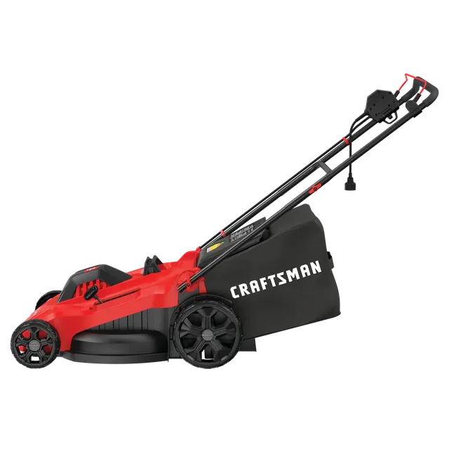 A red and black electric lawn mower with large rear wheels and a grass collection bag labeled 'CRAFTSMAN', shown from the side against a white background.