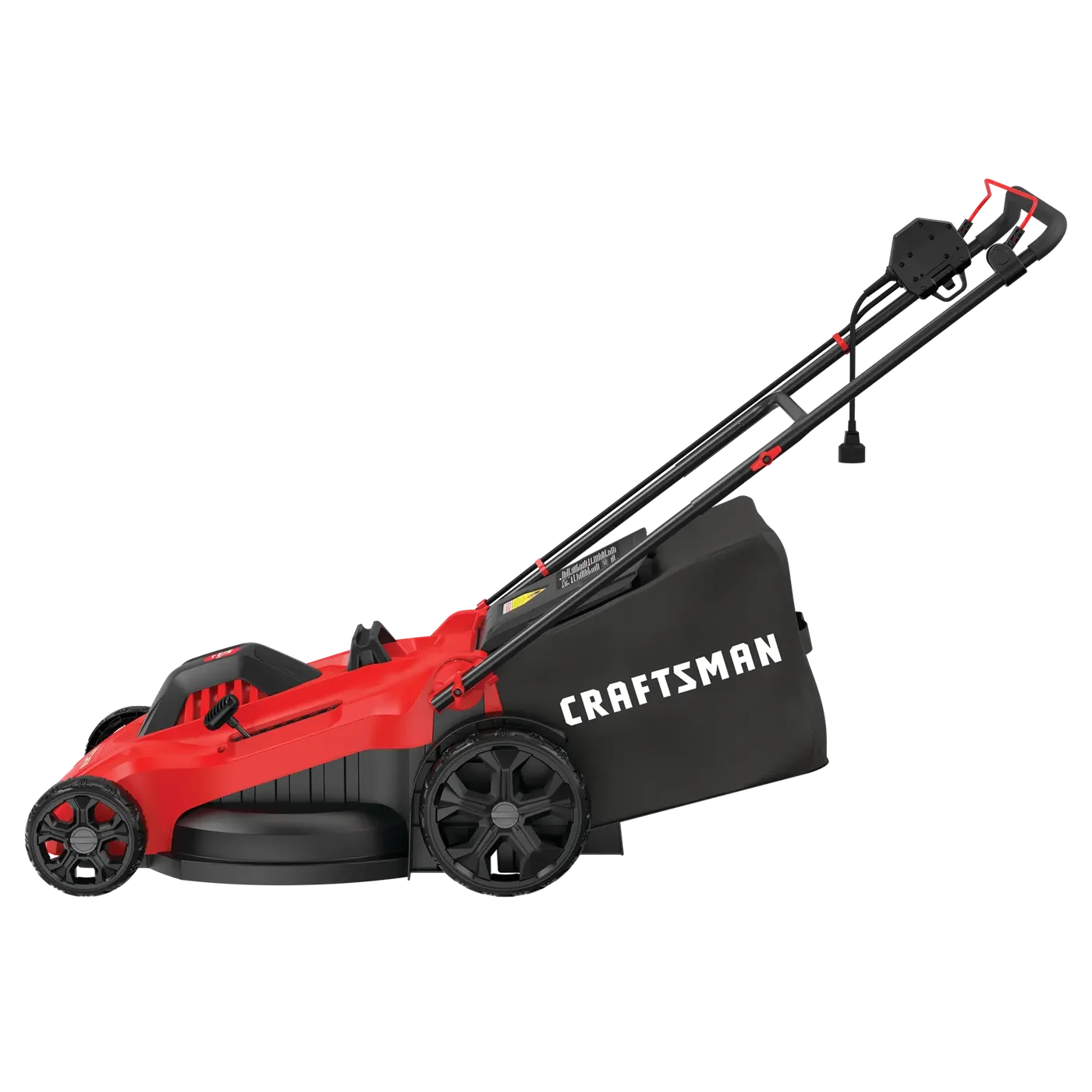 A red and black electric lawn mower with large rear wheels and a grass collection bag labeled 'CRAFTSMAN', shown from the side against a white background.