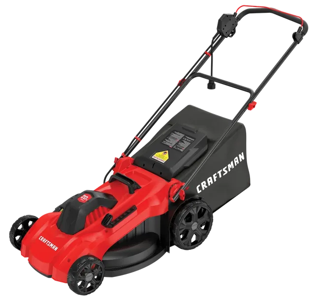 Craftsman CMEMW213 red and black electric lawn mower side angle on white background.