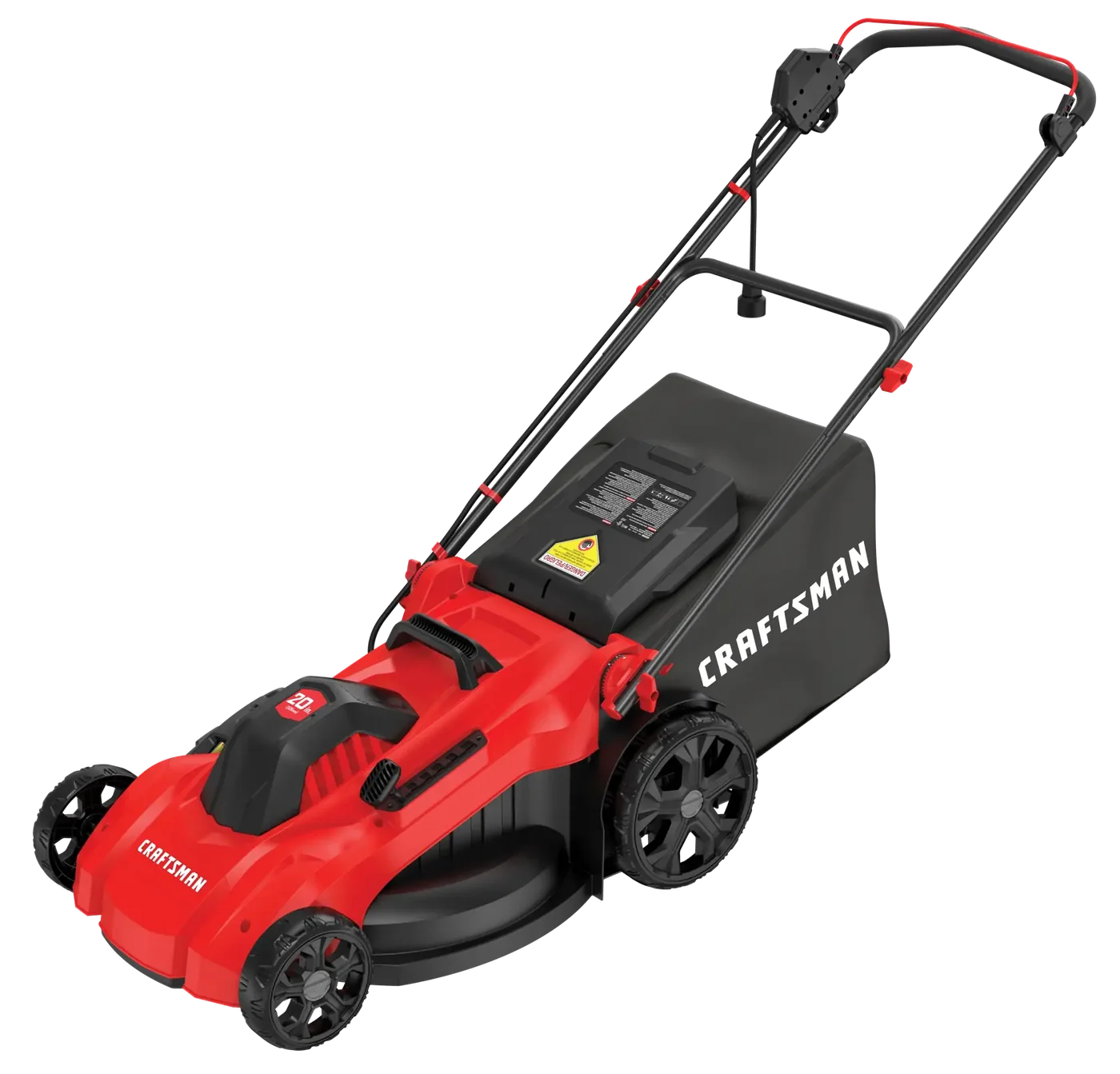 Craftsman CMEMW213 red and black electric lawn mower side angle on white background.
