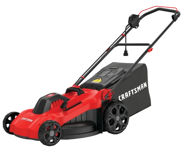 Photo of Craftsman CMEMW213 red and black electric lawn mower, side angle view, with rear grass bag.