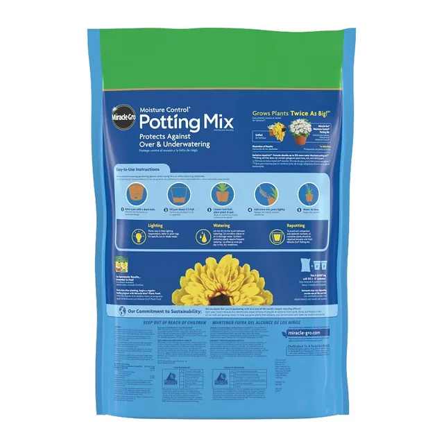 Miracle-Gro Moisture Control mix, two 8-quart bags, one constituent bag or product detail