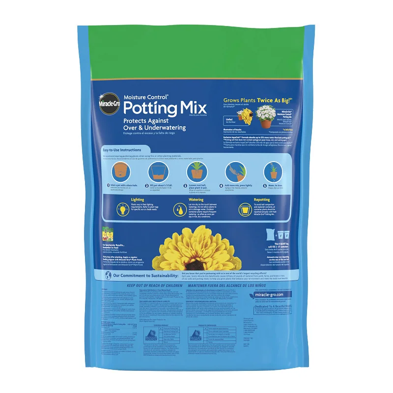 Miracle-Gro Moisture Control mix, two 8-quart bags, one constituent bag or product detail