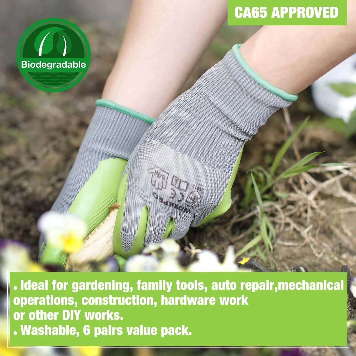 WORKPRO W133211 six-pair medium gardening gloves with latex palm, gallery view 6
