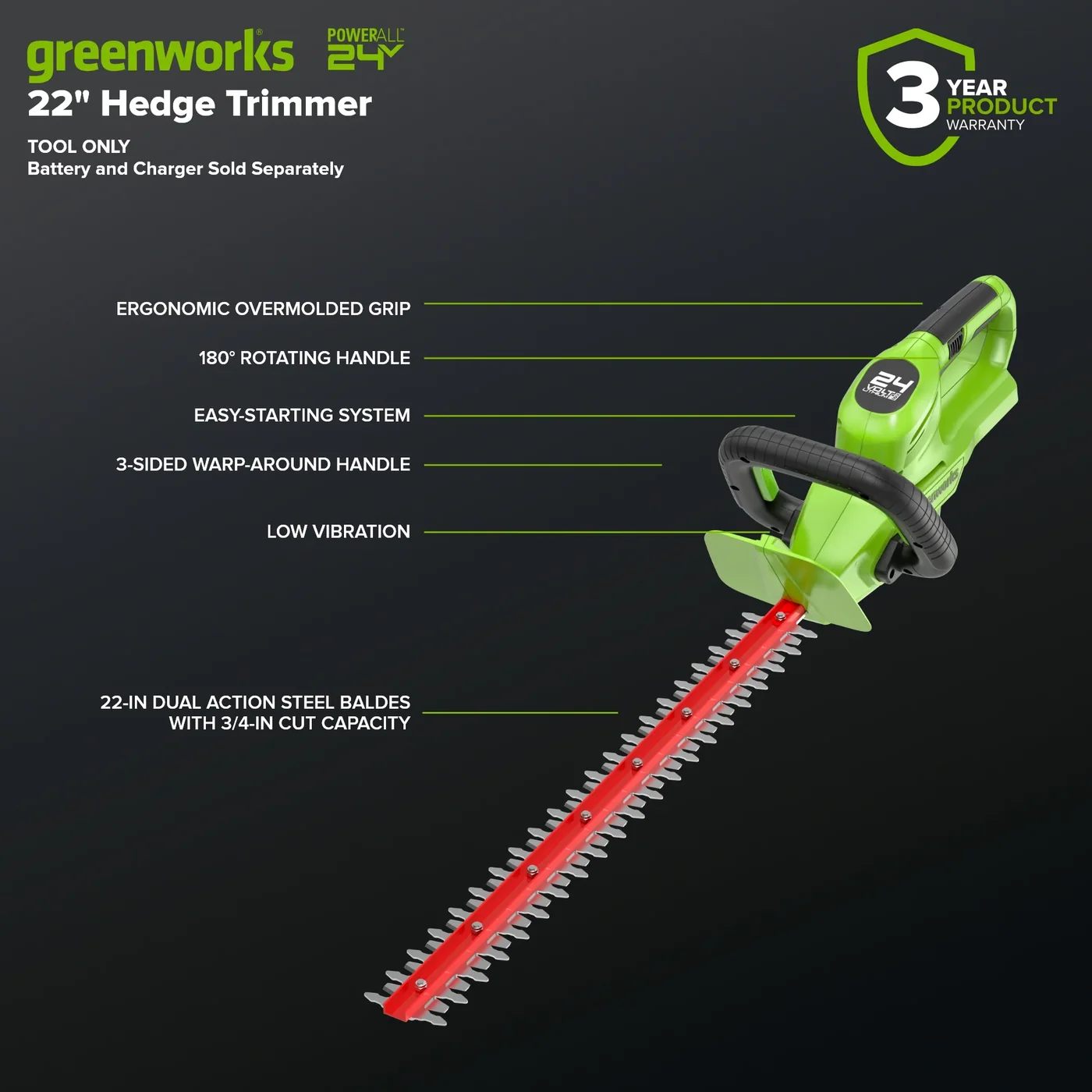 Greenworks HT24B04 hedge trimmer, manufacturer gallery view 3