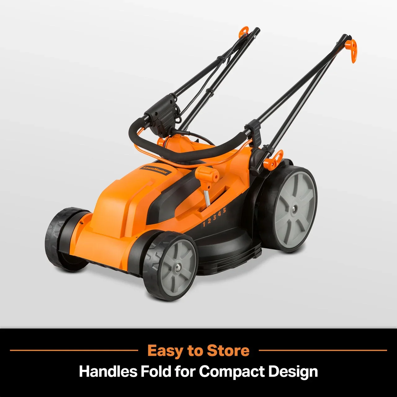 Orange and black electric lawn mower with folding handles and gray wheels, designed for compact storage.