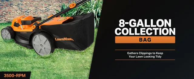 LawnMaster 8-gallon collection bag lawn mower with 3500-RPM motor