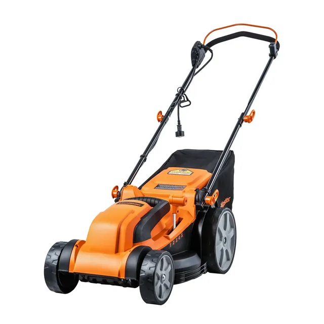 Electric lawn mower with orange and black design, featuring dual handles and large wheels