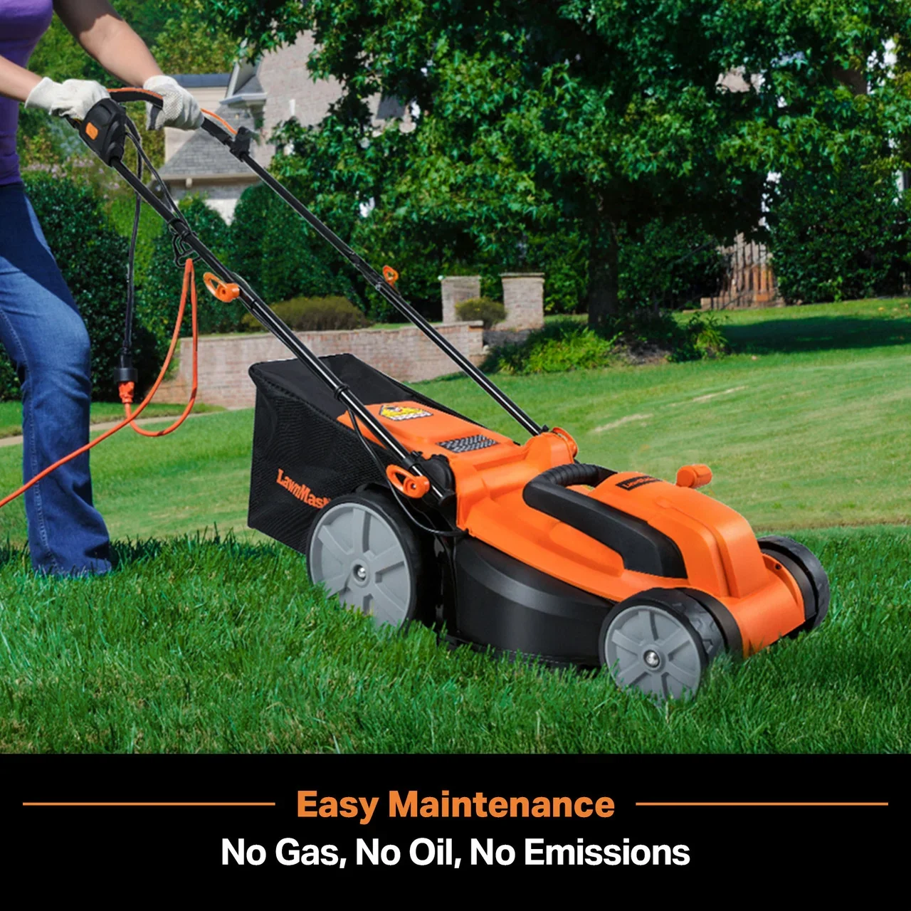 LawnMaster electric lawn mower in use on residential lawn with messaging about easy maintenance and zero emissions