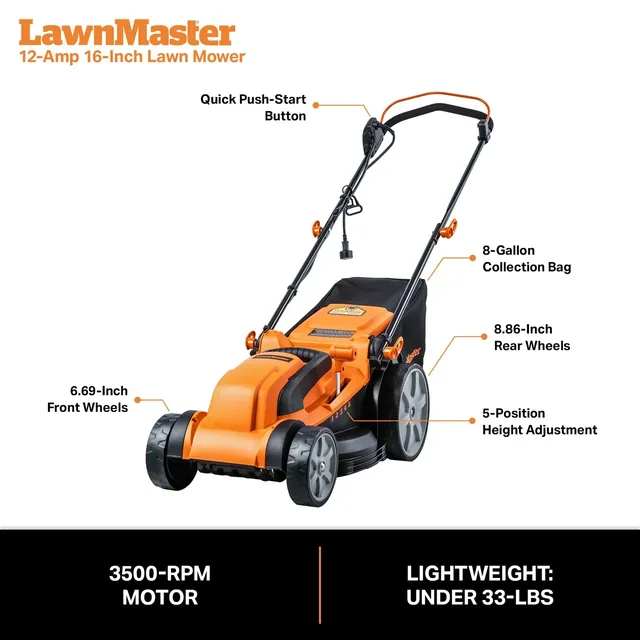 LawnMaster 12-Amp 16-Inch electric lawn mower with labeled features including push-start button, collection bag, wheels, and height adjustment.