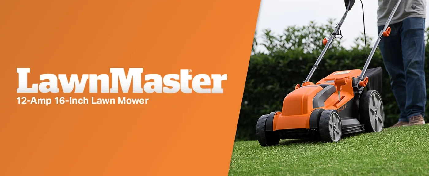 LawnMaster 12-Amp 16-Inch orange and black electric lawn mower being used on grass