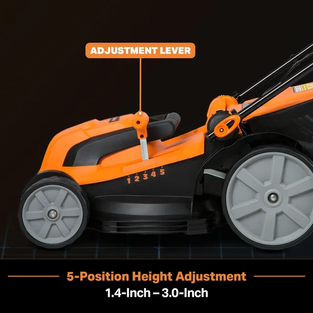 Orange and black lawn mower with labeled adjustment lever for 5-position height adjustment (1.4–3.0 inches)