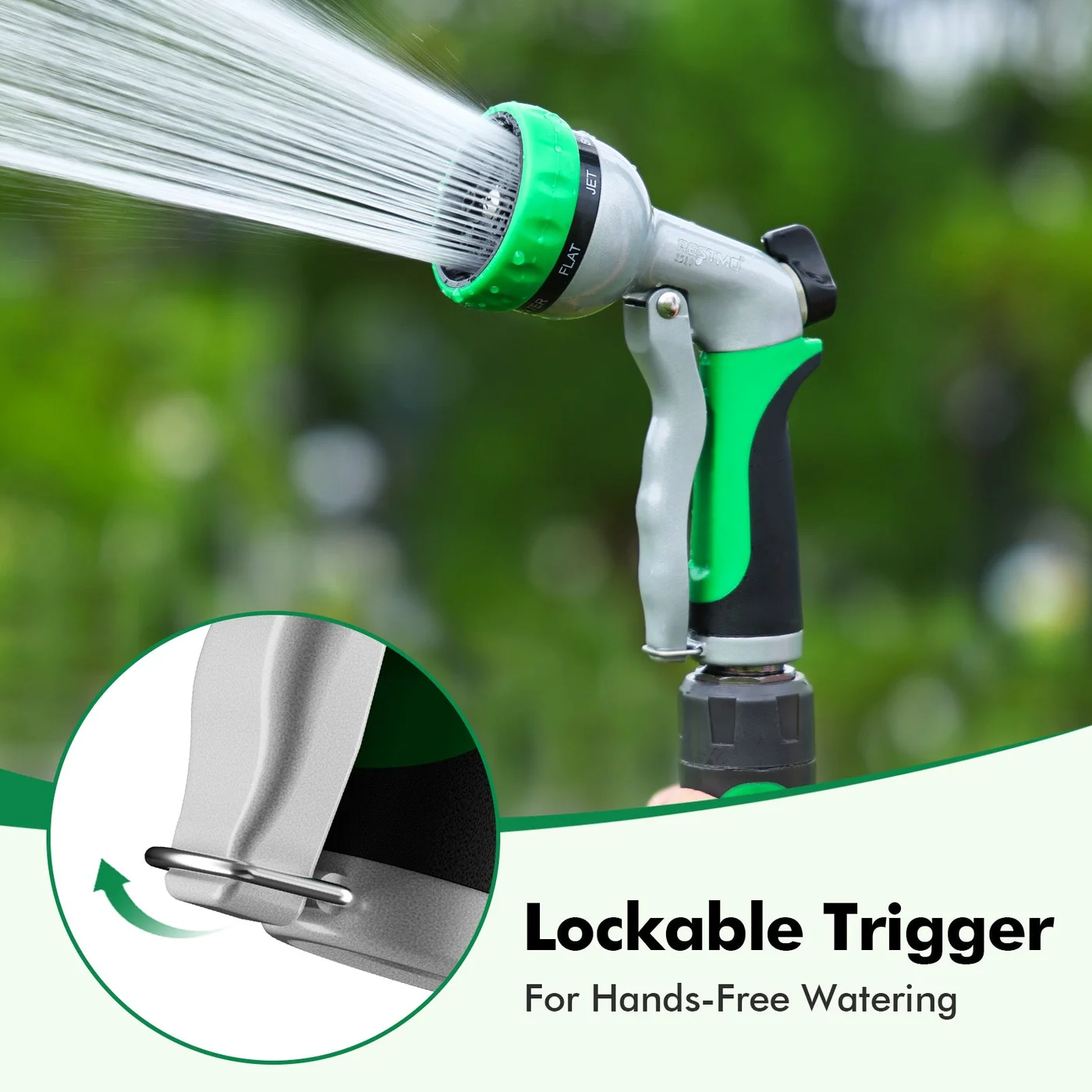 RESTMO metal seven-pattern hose nozzle, green, detail or garden-use view 3