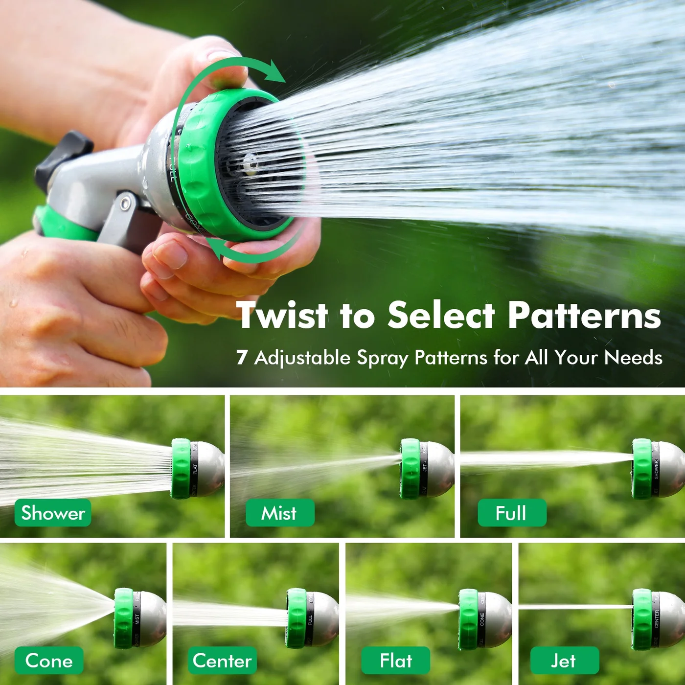 RESTMO metal seven-pattern hose nozzle, green, detail or garden-use view 2