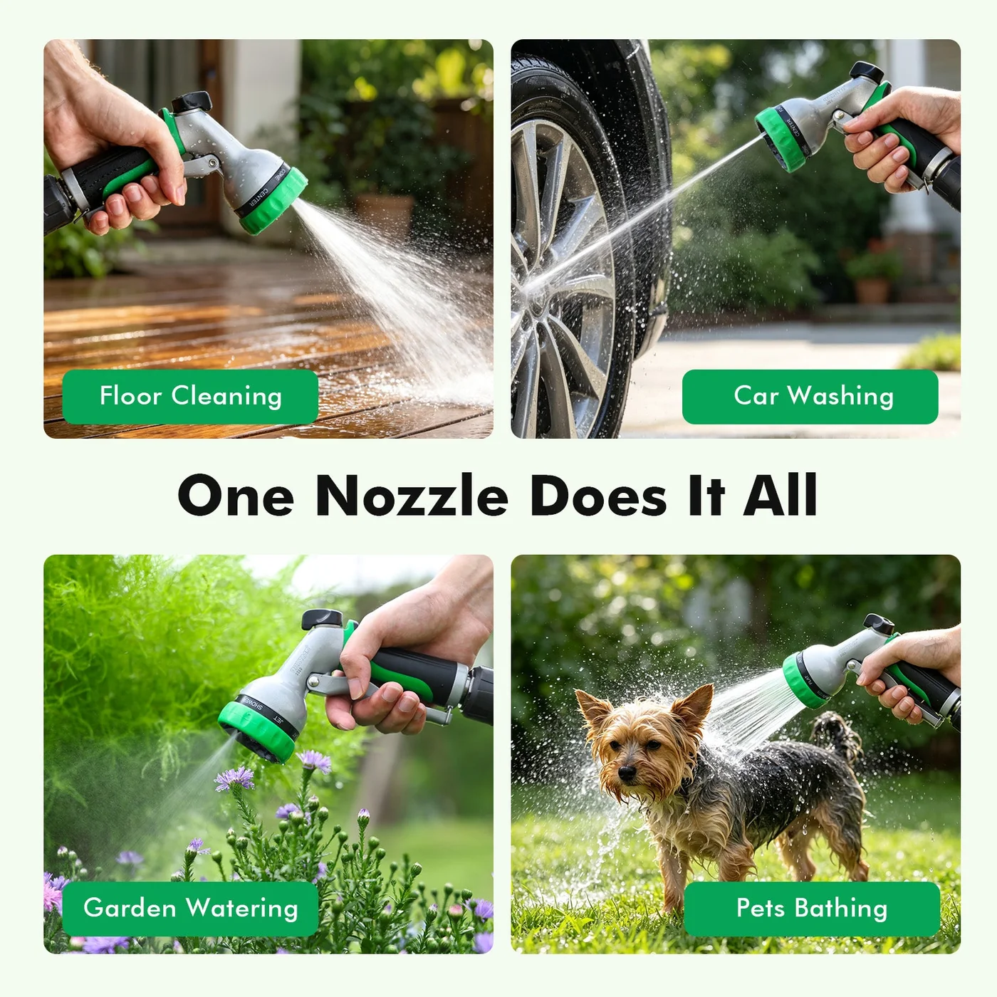 RESTMO metal seven-pattern hose nozzle, green, detail or garden-use view 4