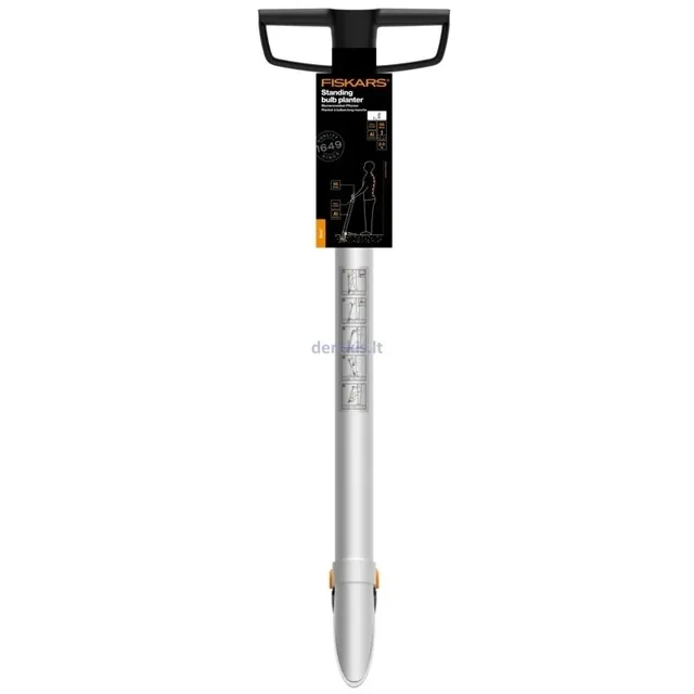 Fiskars Xact 1057077 bulb planter with its product information tag