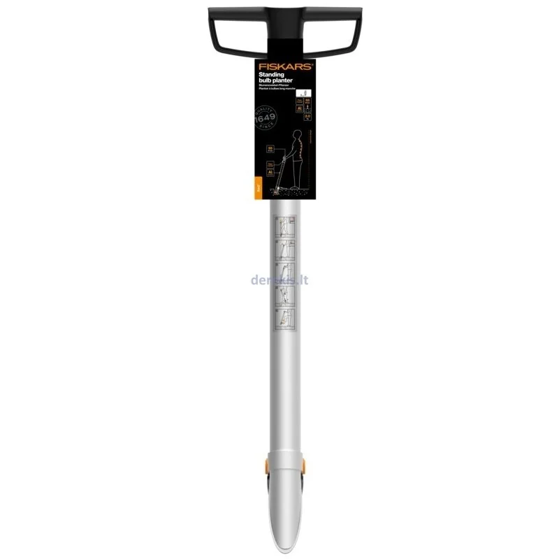 Fiskars Xact 1057077 bulb planter with its product information tag