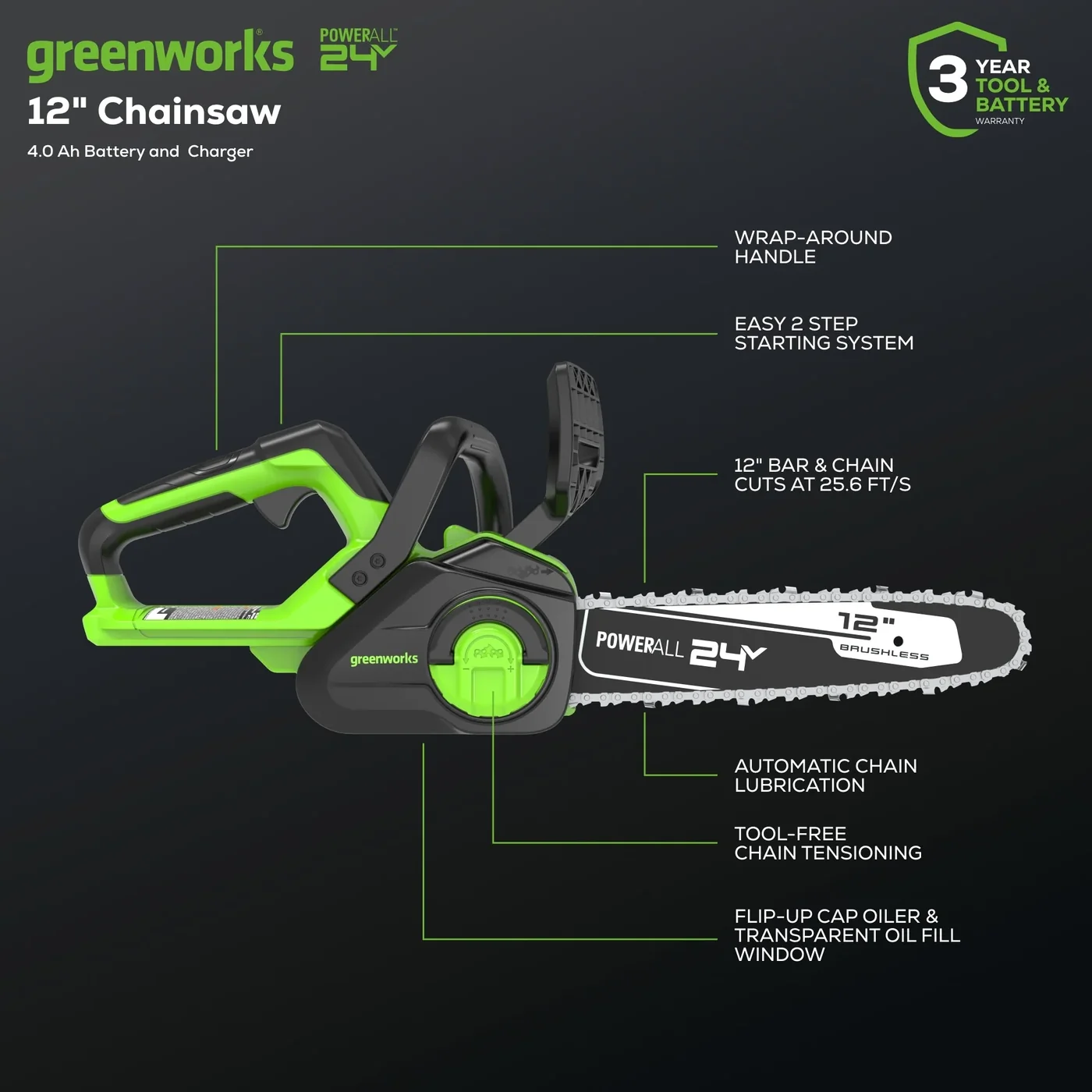 Greenworks CS24L410 chainsaw, manufacturer gallery view 3