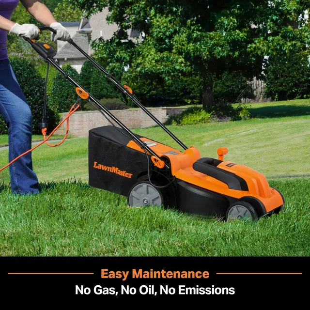 LawnMaster electric lawn mower being operated on a residential lawn with text "Easy Maintenance - No Gas, No Oil, No Emissions"