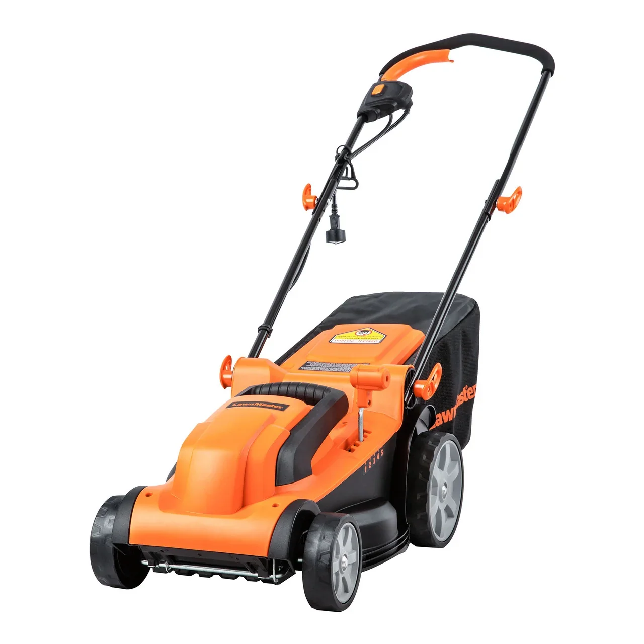 Orange and black electric lawn mower with push handle and grass collection bag.