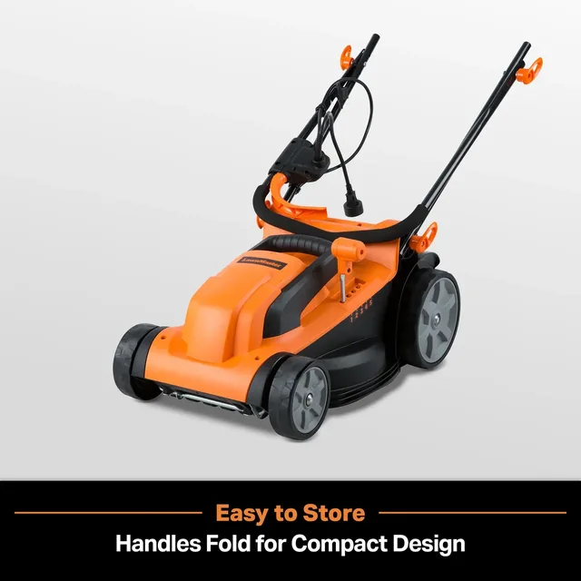 Orange and black electric lawn mower with handles folded up for compact storage